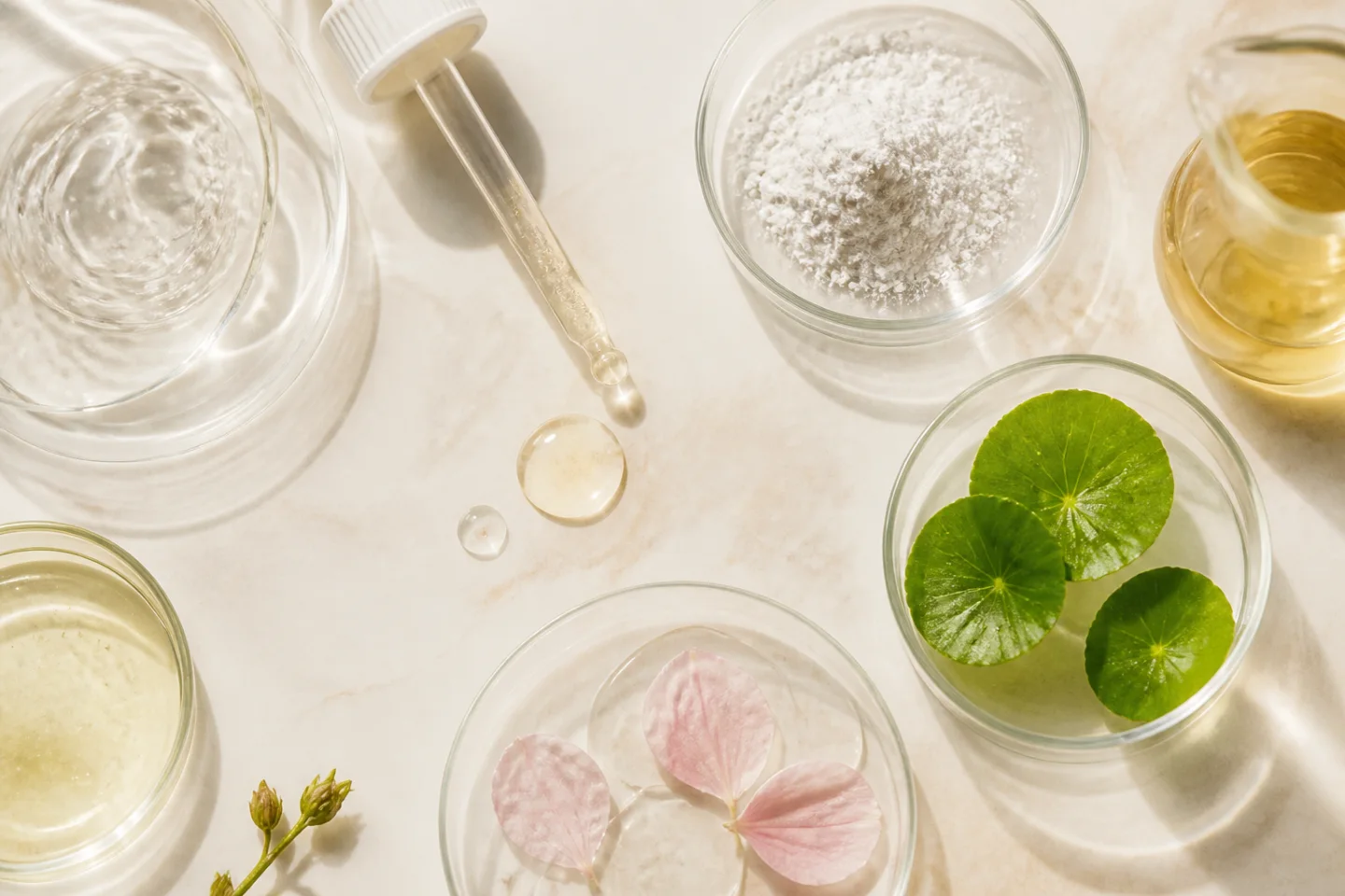 Bahan aktif skincare, centella, serum, dan peralatan laboratorium